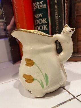 Vintage Ceramic Creamer Pitcher with Yellow Tulip Motif and adorable cat